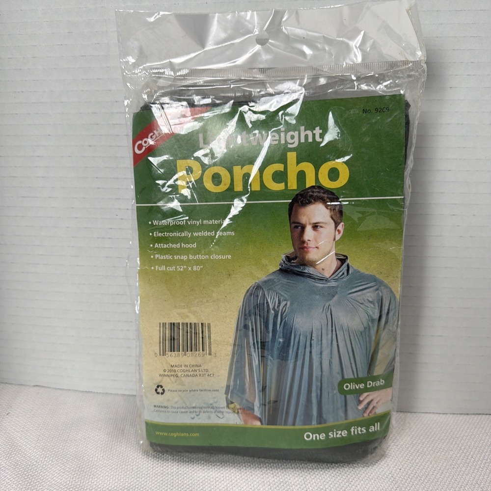 Coghlan's poncho w/ hood, reusable & lightweight, survival emergency olive drab